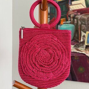 The Sak - Ayla Ring Handle Hand Crochet Flower Pouch in Magenta